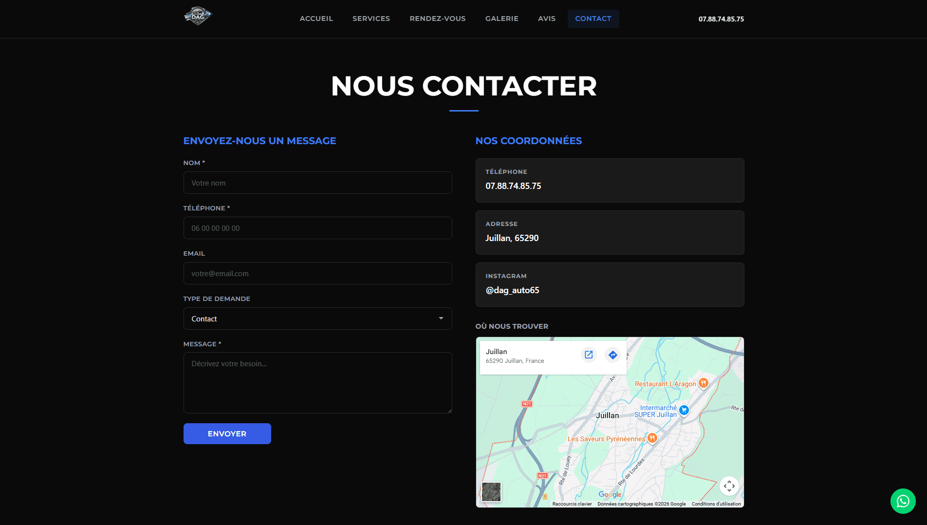 Page contact avec formulaire et carte