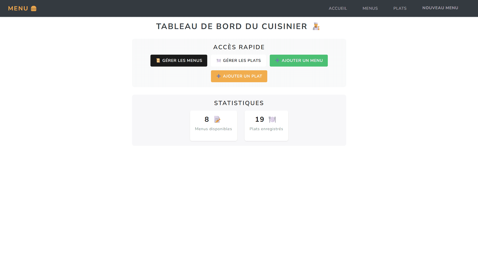 Interface du projet de gestion des menus