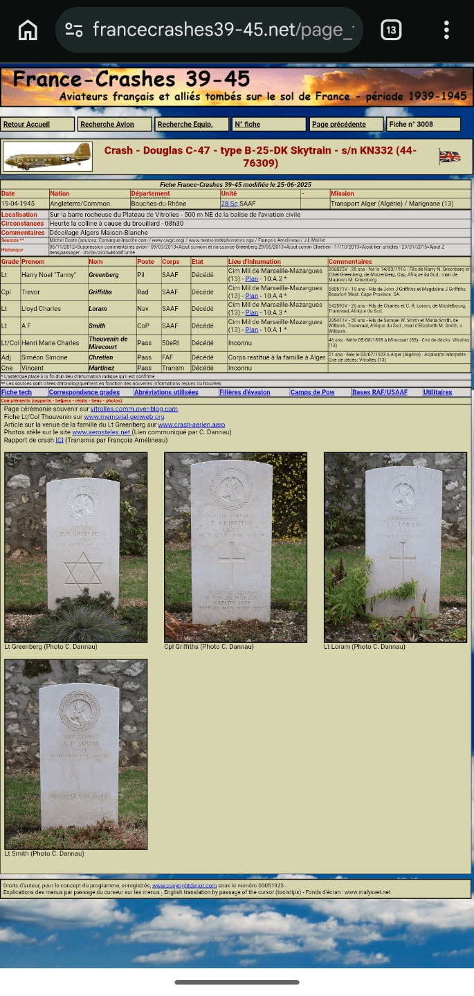 Fiche détaillée correspondante sur le site principal France Crashes 39-45