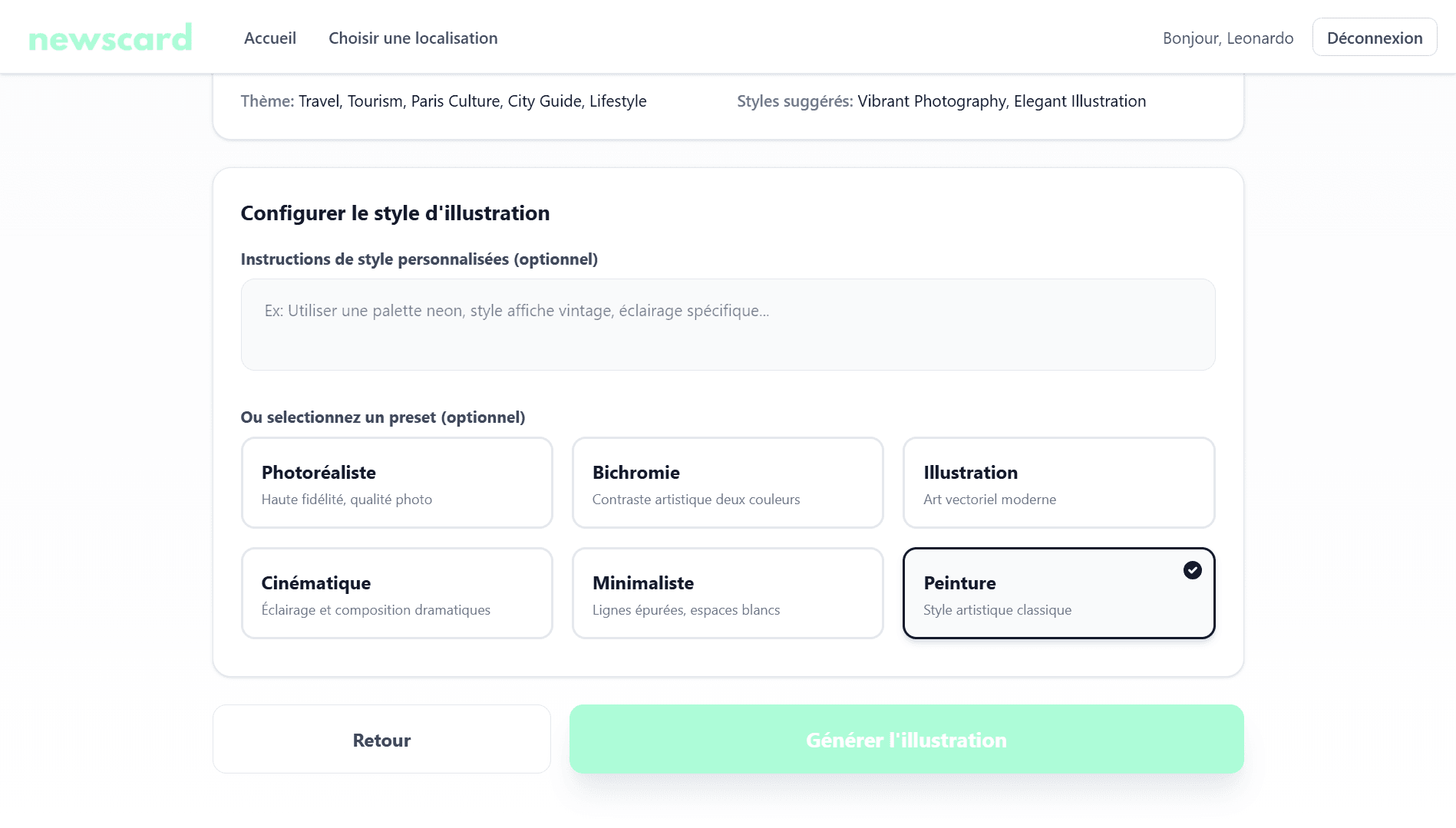 Assistant IA - Sélection du style d'illustration (6 presets)