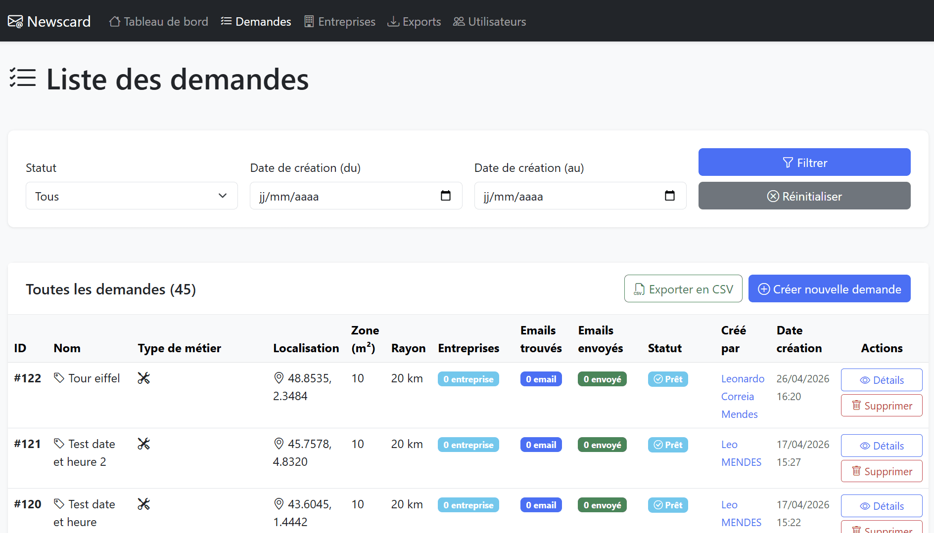 Back-office admin - Liste des demandes avec filtres et exports CSV