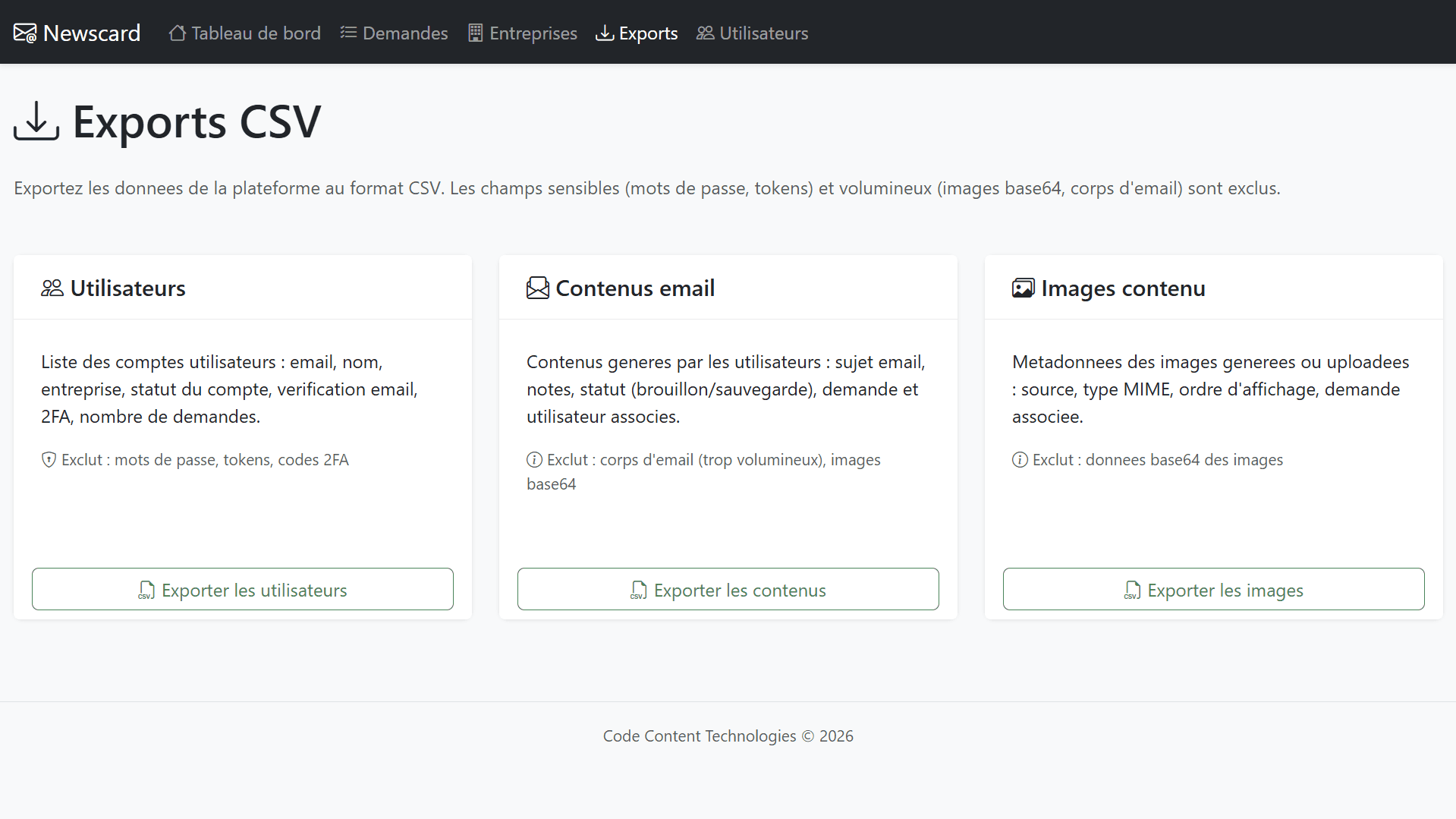 Back-office admin - Page exports CSV (utilisateurs, contenus, images)