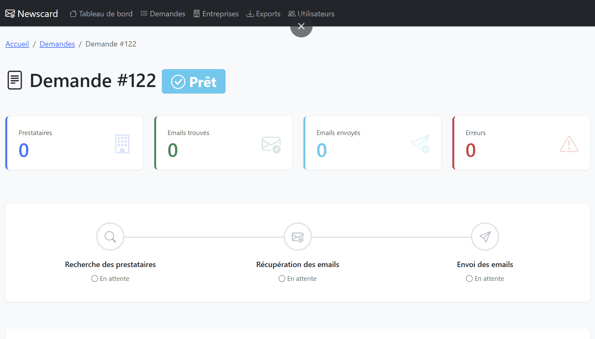 Back-office admin - Détail demande avec pipeline 3 étapes