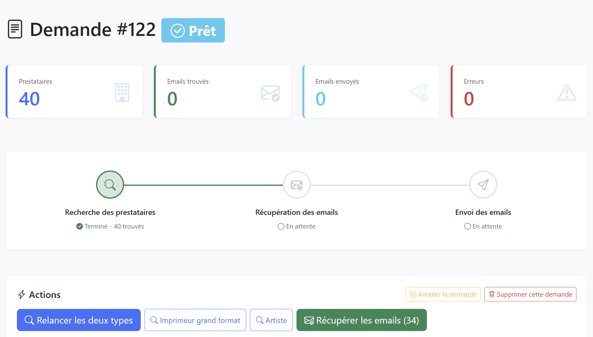 Back-office admin - Pipeline étape 1 terminée (40 prestataires trouvés)
