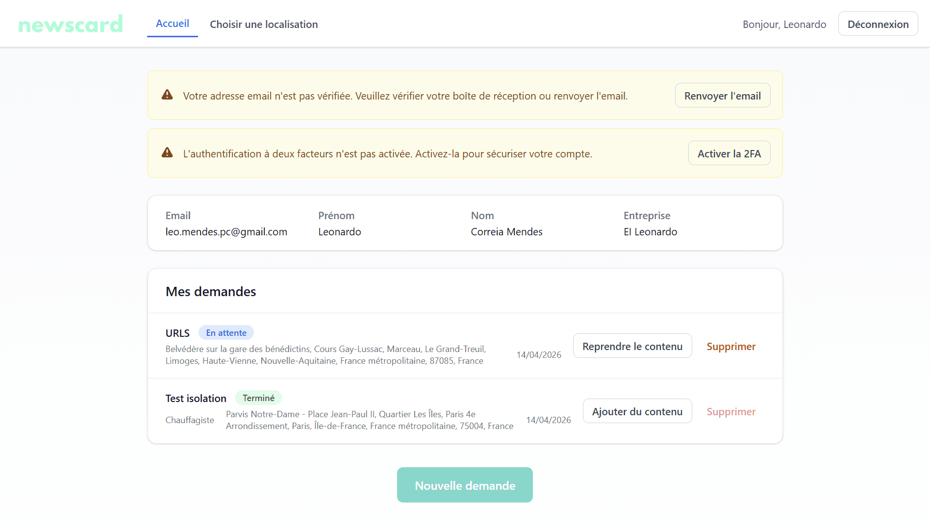 Dashboard client Newscard